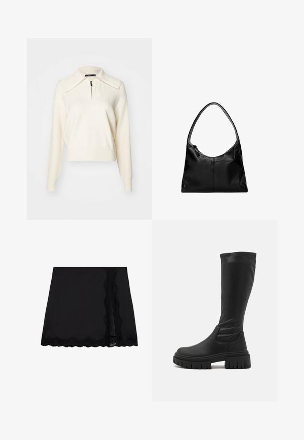 Pulover tricotat de culoare crem, cu guler tip mock-zip, textură ribbed, mâneci lungi și o croială relaxată, scurtă. Accentele includ detalii cu cusături.; Even&Odd Fustă mini - black; Even&Odd Cizme cu platformă - black; Geantă de umăr din piele neagră cu o textură netedă, un vârf curbat și o singură curea. Dispune de un sistem de închidere prin fermoar și un design minimalist.