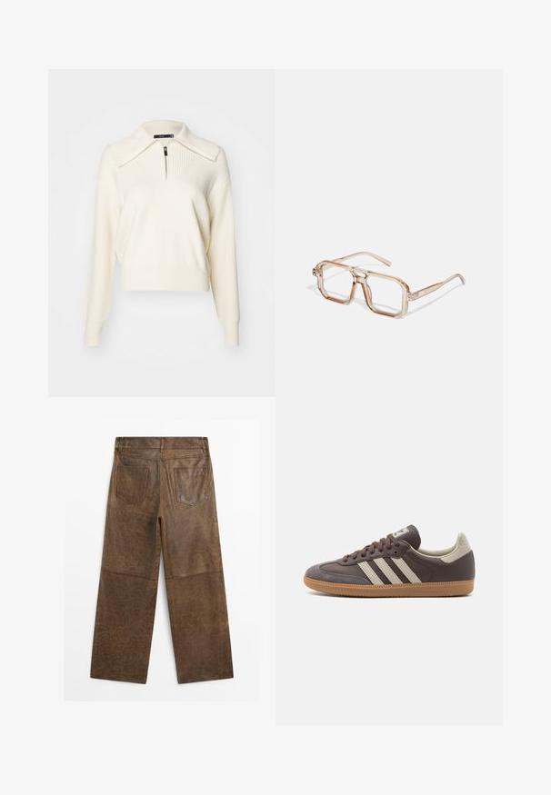 Krämmfärgad stickad pullover med dragkedja och mockkrage, ribbad textur, långa ärmar och en avslappnad kort passform. Detaljer inkluderar en sömsyning.; Bruna läderbyxor med breda ben, två bakfickor och synlig sömnad, visade från baksidan mot en vit bakgrund.; Brun lädersneaker med tre ljusa ränder, gummisula, rund tå och texturerade mockadetaljer på häl och tå.; Transparent hexagonala glasögon med ljusbruna toner; tjocka, klara bågar och slanka armar; inga synliga logotyper eller mönster.