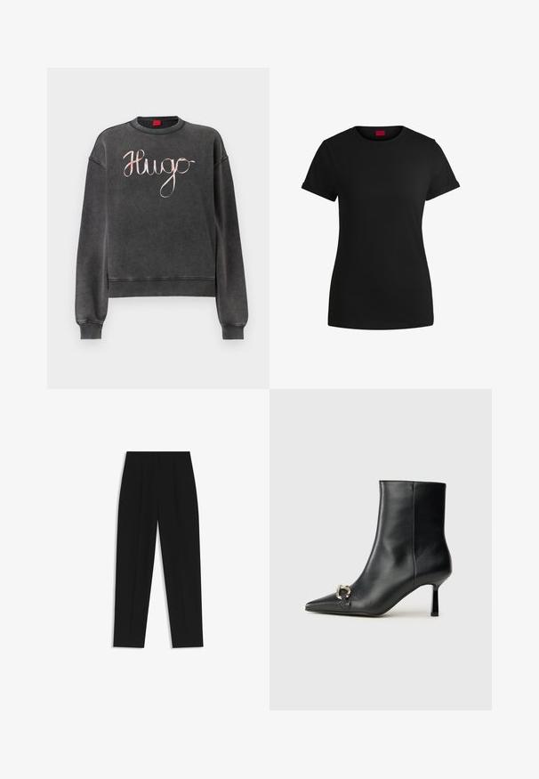 Mörkgrå sweatshirt med ribbade muddar och fåll. Har en stor, kursiv "Hugo"-logotyp i en kontrasterande ljus färg. Mjuk textur.; Svart bomullströja med korta rullade ärmar, rund halsringning och en röd etikett. Slät textur, figursydd form med minimalt detaljer.; Svarta byxor med rak passform, med dubbla fickor, en slät yta och en klassisk midje-design. Ingen synlig hårdvara eller detaljer.; Svart läderankelboot med spetsig tå, smal medelhög klack och silverfärgad spänndetalj på sidan mot en enfärgad bakgrund.