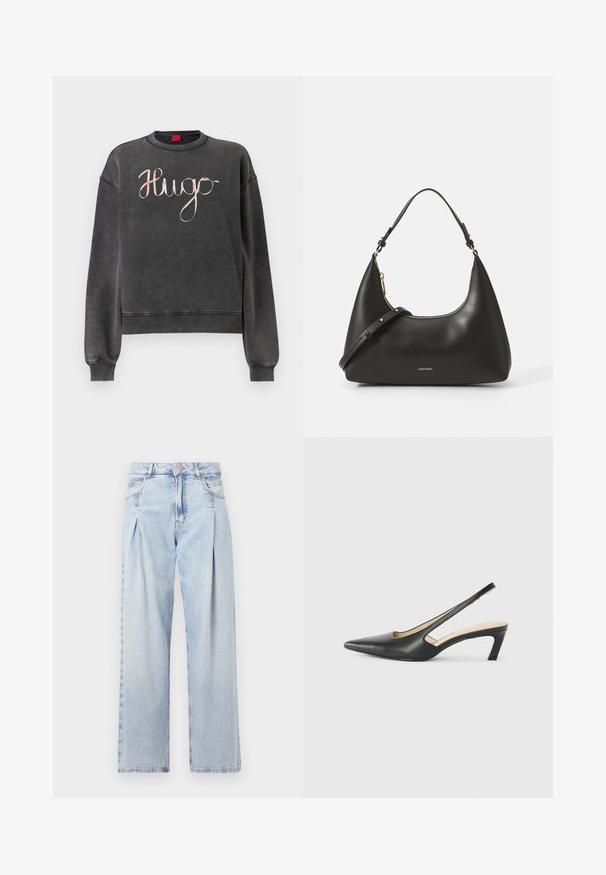Mørkegrå genser med ribbestrikkede mansjetter og kant. Har stor, kursiv "Hugo"-logo i en kontrasterende lys farge. Myk tekstur.; Lyseblå denimjeans med høy livlinje, vide ben, to sidelommer og plisserte detaljer. Myk tekstur med en falmet finish.; Svart spiss tå slingback-sko med lav hæl, laget av jevnt skinnmateriale og med utskåret design på siden for pusteevne.; Svart lær hobo-veske med en buet struktur, gullglidelås og justerbar stropp. Har preget logo på forsiden. Glatt tekstur.