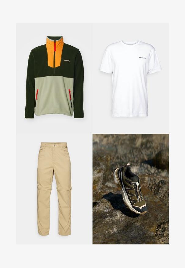 Béléses pulóver negyed cipzárral. Sötétzöld, világoszöld és narancssárga panelek jellemzik, piros cipzárhúzóval és oldalsó zsebekkel.; Fehér pamut póló rövid ujjakkal, kerek nyakkivágással, és egy kis fekete Columbia logóval a bal mellen. Puha, letisztult dizájn.; Beige, zipzáras nadrág sima textúrával, két oldalsó zsebbel, gombos záródással és felgöngyölhető nadrágszárral a sokoldalúság érdekében.; Olívazöld és fekete túrabakancs rózsaszín részletekkel. Jellemzői közé tartozik a texturált felsőrész, a rugalmas talp, a megerősített orr- és a színes fűzőrendszer.