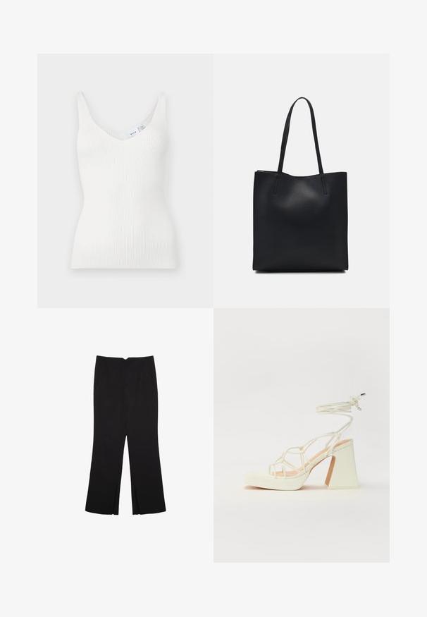 Bijela rebrasta majica bez rukava s V-izrezom, tankim trakama i uskim oblikom. Izrađena od mekog materijala, s malom etiketom ušivenom na izrezu.; Crne hlače ravnog kroja, s prednjim džepovima i bočnim prorezima na rubu. Izrađene od mekog i glatkog materijala. Pogodne za razne prigode.; Bijela sandala na visokoj potpetici s debelim petom, s remenom i vezanjem oko gležnja. Glatka tekstura s platformom sprijeda za dodatnu visinu.; Crna kožna torba za nošenje s glatkom teksturom, pravokutnim oblikom i dvije duge ručke. Nema vidljivih metalnih dijelova ili ukrasa.