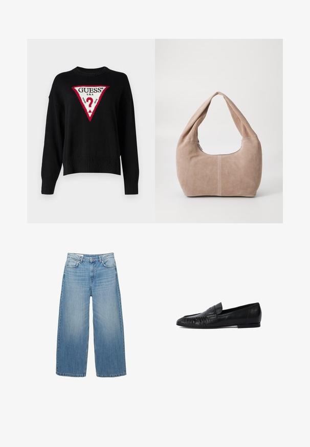 Guess Jeans BIG TRIANGL - Svetr - jet black; Světle modré džíny s širokými nohavicemi vyrobené z denimu, s klasickým pětispotkovým designem a zapínáním na knoflík. Vybledlý vzhled po celém povrchu.; Černé kožené polobotky s kulatou špičkou, prošívanými detaily na přední části a plochou podrážkou. Minimalistický design s jemným akcentem loga.; Hobo taška vyrobená z měkkého semišového materiálu v světle béžové barvě. Má zaoblený tvar, široký popruh a zipové uzavření.