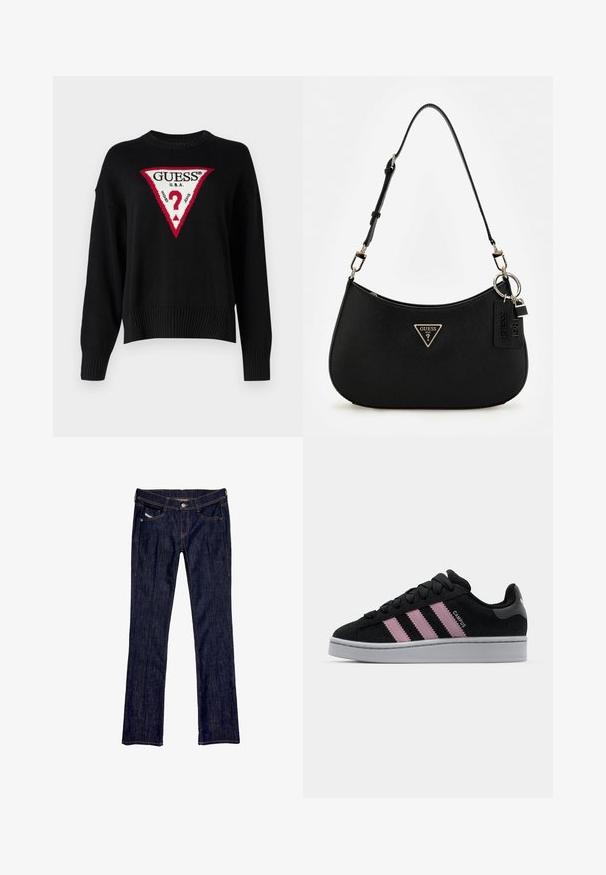 Guess Jeans BIG TRIANGL - Maglione - jet black; Jeans in denim blu scuro con design a gamba dritta, dotati di chiusura anteriore con bottone, cinque tasche e cuciture visibili lungo le cuciture.; Sneaker in suede nera con design a tre strisce rosa, suola in gomma grigia e linguetta con texture. Presenta il marchio sui lati e sul tallone.; Borsa a spalla nera in materiale sintetico con silhouette curvilinea, finitura testurizzata, logo triangolare dorato e dettagli in metallo removibili.