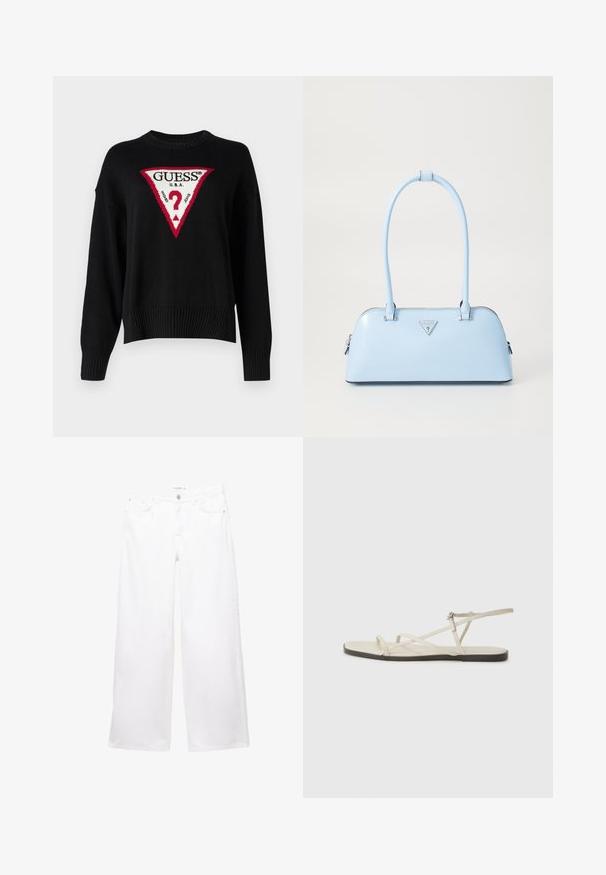 Guess Jeans BIG TRIANGL - Maglione - jet black; Jeans bianchi a gamba larga realizzati in denim con una superficie liscia. Presentano una chiusura con bottone e zip, due tasche anteriori e due tasche posteriori.; Sandal in beige piatta con multiple cinghie sottili e una fibbia regolabile. La suola è piatta con un leggero contrasto scuro lungo il bordo.; Borsa a mano azzurro chiaro con forma strutturata, materiale in pelle liscia, due manici e logo triangolare sul davanti. Chiusura con zip.
