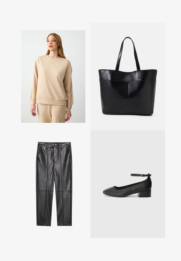Beige sweatshirt with a textured finish, round neck, and dropped shoulders. A minimalist design features subtle seam details and ribbed cuffs.; Black leather trousers with a smooth texture, featuring a straight fit, two front pockets, and visible seam detailing.; Black leather pump with a pointed toe and a low block heel. Features an ankle strap with a gold-tone buckle. Smooth texture.; Black leather tote bag with two long handles, a smooth texture, and a structured shape. Features a front pocket for additional storage.