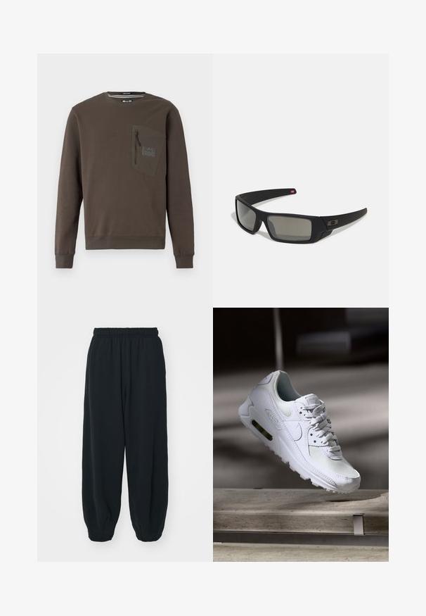 Sudadera marrón con cuello redondo, mangas largas y un bolsillo en el pecho con cremallera. Presenta un parche texturizado y dobladillos y puños acanalados.; Pantalones de chándal negros con cintura elástica, de corte holgado, con puños en los tobillos, textura suave y sin patrones visibles ni acentos metálicos.; Zapatilla Nike Air Max 90 blanca con parte superior de malla y cuero, caja de puntera perforada y unidad de aire visible en el talón.; Gafas de sol negras con acabado mate, lentes rectangulares, ligera curvatura en las patillas, sutil detalle del logo y lentes ahumados.