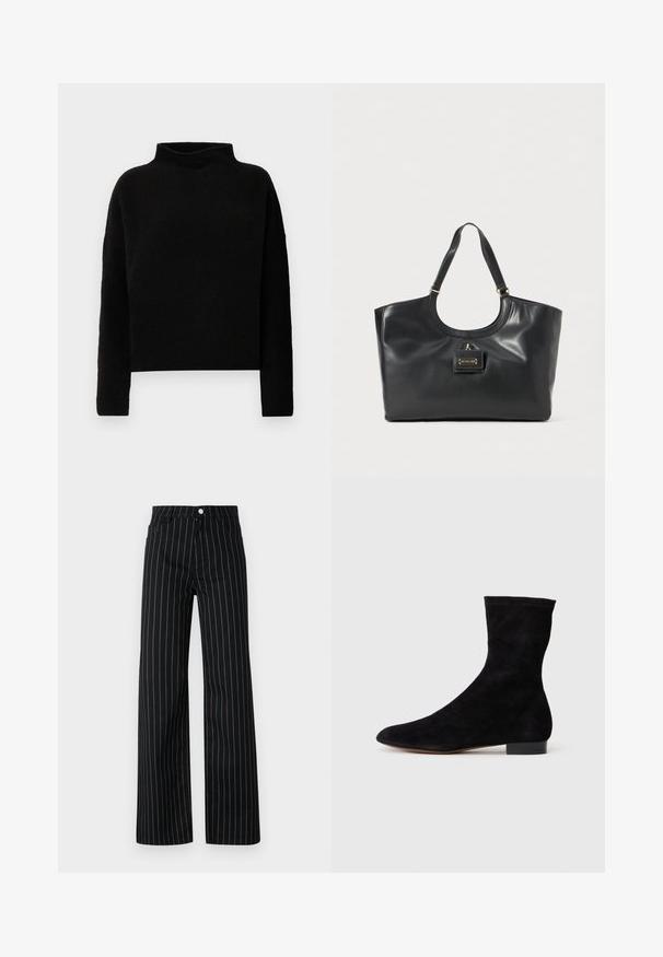 Maglione collo alto nero realizzato in tessuto morbido, con maniche lunghe e vestibilità comoda, con cuciture minime e senza abbellimenti visibili.; Pantaloni neri a gamba larga con righe verticali blu, caratterizzati da un classico design a cinque tasche e una chiusura frontale con bottone.; Stivale alla caviglia in suede nero con gambale aderente, punta affusolata e tacco a blocco basso. Texture liscia e design minimalista, adatto per uno stile versatile.; Borsa tote in pelle nera con finitura lucida, parte superiore curva, due manici per spalla e un accentuato in metallo color oro sul davanti.