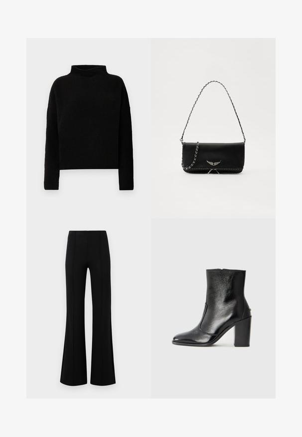 Črna rolka iz mehkega materiala, z dolgimi rokavi in sproščenim krojem, z minimalnimi šivi in brez vidnih okrasnih elementov.; Črne krilate hlače z visokim pasom, izdelane iz raztegljive tkanine. Imajo vertikalne šive na sprednji strani in gladko teksturo.; Črne usnjene gležnarske čevlje z gladko teksturo, koničastim nosom in debelim visokim petam. Imajo stransko odprtino in minimalističen dizajn.; Črna usnjena torbica s srebrnim verižnim ročajem, ki ima okrasne krilate poudarke in belo šivanje ob spodnjem šivu.