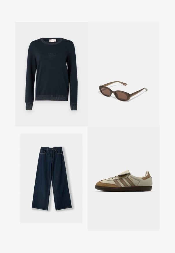 Maglione blu navy con maniche lunghe, polsini e orlo a coste, arricchito con un filo lucido. Presenta un logo testurizzato sul davanti.; Jeans larghi blu scuro in denim. Presentano cinque tasche, una chiusura con bottone e cerniera, e dettagli di cuciture a contrasto.; Scarpa da ginnastica marrone e crema con tre strisce beige, materiali in pelle scamosciata e pelle, design con lacci e suola in gomma. Logo testuale sul lato.; Occhiali da sole ovali marroni con lenti scure. La montatura è realizzata in un materiale marrone trasparente e presenta un logo stampato sulle tempie.; Borsa a tote in suede marrone con due manici, forma rettangolare ampia e design minimalista. Texture morbida con finitura liscia.