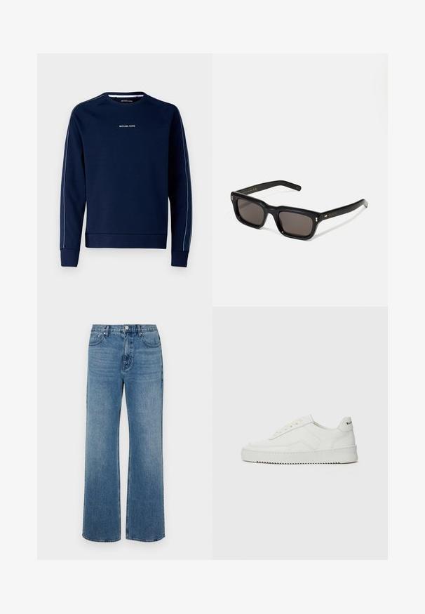 Sweatshirt azul marinho feito de uma mistura de algodão, com gola redonda, mangas longas, riscas brancas nas laterais e um pequeno logótipo branco na frente.; Jeans azuis de perna larga, feitos de denim com um acabamento desbotado. Apresentam cinco bolsos, um fecho frontal com botão e um corte reto.; Sapatilha de couro branco com acabamento suave, bico redondo, atacadores planos e uma sola texturizada. Apresenta um logotipo discreto no calcanhar.; Óculos de sol retangulares pretos com lentes escuras, armação de plástico espesso, detalhes em dourado nas hastes e logotipo da marca gravado na lateral.