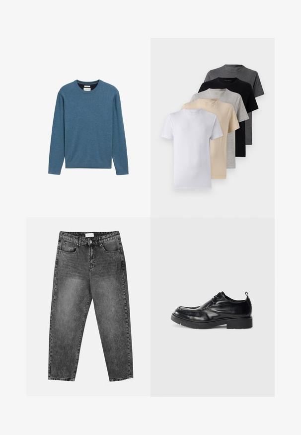 Felpa blu a girocollo realizzata in morbido cotone, con maniche lunghe, polsini e orlo ribattuti, e un piccolo dettaglio del logo sul davanti.; Set di cinque t-shirt a manica corta in bianco, beige, grigio chiaro, grigio scuro e nero. Realizzate in cotone morbido, con design a girocollo.; Jeans neri con lavaggio, a gamba dritta, con tasche frontali e posteriori, passanti per cintura e chiusura a bottone in vita.; Scarpe da uomo in pelle nera con punta arrotondata, chiusura con lacci e una cucitura decorativa. Presentano una suola in gomma spessa e texturizzata e un tassello sul tallone.