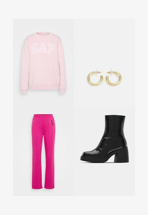 Ροζ φούτερ με λευκό κείμενο "GAP", στρογγυλή λαιμόκοψη, μακριά μανίκια, ριμπ μανσέτες και κάτω στρίφωμα. Μαλακή υφή υφάσματος.; Ροζ φόρμες από μαλακό βαμβακερό μίγμα με ελαστική μέση, ίσια γραμμή και μεγάλο εκτυπωμένο λογότυπο "G" στον αριστερό μηρό.; Μαύρες μπότες μέχρι τον αστράγαλο με γυαλιστερό φινίρισμα, τετράγωνη μύτη και χοντρό τακούνι. Ο σχεδιασμός περιλαμβάνει μια χωρίς ραφές σιλουέτα και ελάχιστη επωνυμία.; Χρυσά σκουλαρίκια κρίκοι με ομαλή, γυαλιστερή επιφάνεια. Κυκλικός σχεδιασμός που διαθέτει μια μικρή βάση και διαφανή στήριξη για ασφαλή χρήση.