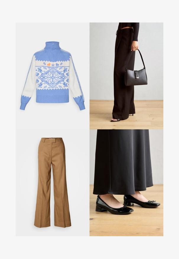 Svetle modrý pletený svetr s vysokým límcem, zdobený bílými a světle modrými geometrickými vzory a oranžovými akcenty zvířat. Hladké manžety a lem.; Hnědé široké kalhoty vyrobené z lehké tkaniny. Mají plochý přední díl, poutka na pásek a upravený siluetu s délkou ke kotníkům.; Černé lakované baletní střevíce s mašlí, nízkým blokovým podpatkem a kulatou špičkou, nošené s dlouhou černou sukní na dřevěné podlaze.; Černá kabelka se strukturovaným tvarem, hladkým povrchem a kovovým uzávěrem. Kombinována s širokými černými kalhotami a sandály s otevřenou špičkou na dřevěné podlaze.
