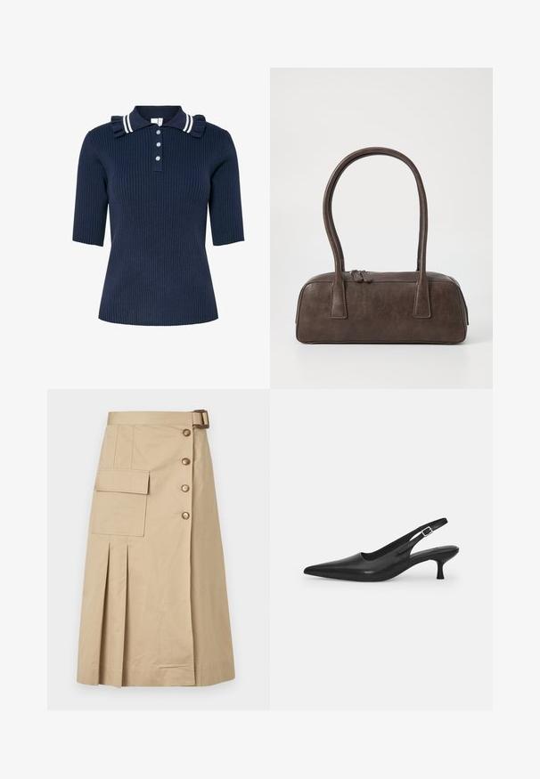 Granatowa polo z krótkim rękawem i ribbowym wykończeniem z białymi prążkami na kołnierzyku, z falbanami na ramionach oraz trzema guzikami z przodu.; Beżowa spódnica do kolan wykonana z mieszanki bawełny. Posiada guziki z przodu, kieszeń z boku oraz plisy dla struktury. Gładka tekstura.; Czarne skórzane buty typu slingback z wydłużonym noskiem i smukłym, zakrzywionym obcasem. Posiadają dyskretny regulowany pasek z metalową klamrą.; Brązowa skórzana torebka na ramię z dwoma solidnymi uchwytami, prostokątny kształt, gładka faktura i zamek błyskawiczny. Minimalistyczny design bez widocznych wzorów.
