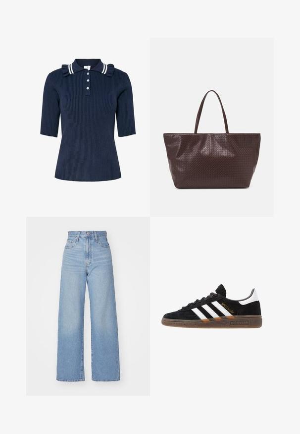 Laivaston sininen ribbed lyhythihainen polo-paita, jossa on valkoraidallinen kaulus, rypytys yksityiskohtia harteilla ja kolme nappia edessä.; Vaalean siniset korkeavyötäröiset löysät farkut, joissa on etuvetoketju ja nappikiinnitys, sekä edessä että takana taskut, valkoista taustaa vasten.; Mustat Adidas-nikeset, joissa on valkoiset raidat, kultaiset "Spezial"-tekstiset, kumipohja ja valkoinen kantapää, esitetty sivuprofiilissa.; Ruskea kudottu nahkainen kassi, jossa on kaksi kahvaa, jämäkkä muoto ja teksturoitu pinta, johon on kuvioitu timanttimalli.