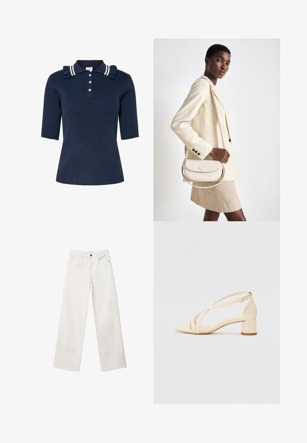 Marinblå randig kortärmad polo med vitrandig krage, volanger på axlarna och tre knappar framtill.; Vita vida byxor i denim med hög midja, femfickorsdesign och metallknäppning. Slät textur, inga mönster.; Beige klacksandaler med blockklack, remdesign och justerbart ankelsnöre, tillverkade av slätt syntetmaterial med matt yta.; COACH EMMY SADDLE BAG 23 - Handväska - chalk