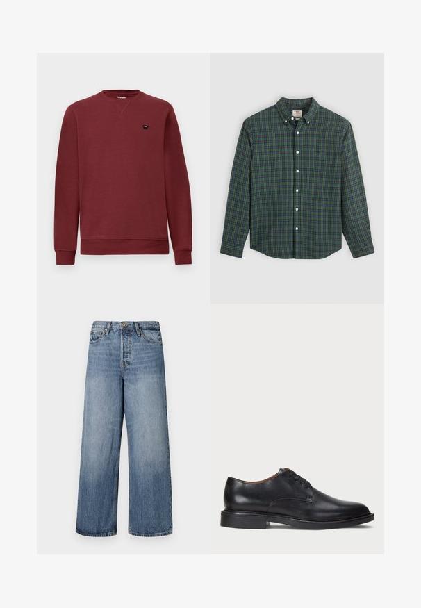 Burgundi színű pulóver kerek nyakkivágással, hosszú ujjal, bordás mandzsettával és szegéllyel. Bal mellen egy kis fekete logó látható.; Hosszú ujjú gombos ing zöld, kék és sárga kockás mintával, fehér gombokkal és gombos gallérral.; Széles lábú kék farmernadrág, elhalványodott mosással, öt zsebbel és gombos zárással. Övhurkokkal és steppelt részletekkel ellátva.; Fekete bőrből készült dresszcipő kerek orral, fűzős kialakítással és alacsony, rétegelt sarkával. Simás felület minimális varrási részletekkel.