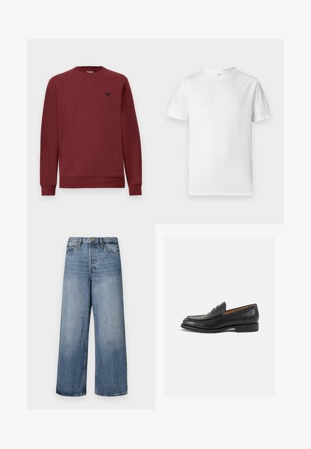 Burgundi värvi särk ümarate kaelustega, pikkade varrukatega, ribakudumistega mansetid ja äär. Vasakul rinnal on väike must logo.; Valge lühikeste varrukatega T-särk, mis on valmistatud pehmest puuvillast. Omab ümmargust kaelust ja sirget äärt, millel on minimaalne detailitunne.; Laia siniste denimpükse, millel on pleekinud pesu, viie tasku disain ja nööbi sulgemine. Varustatud vööde jaoks silmadega ja õmblustega detailidega.; Mustad mustad nahast loafers, sujuva viimistlusega, ümar sirge ja dekoratiivne tikand peal. Madal ja kergelt kuhjatud konts ning kerge läige.