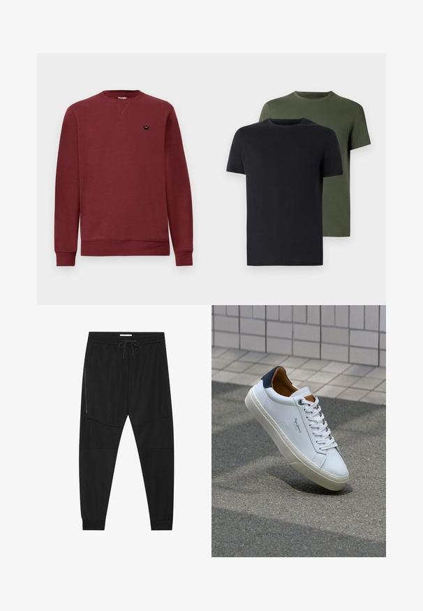 Burgundipaita, jossa on pyöreä kaula-aukko, pitkät hihat, ribbireunat hihoissa ja helmassa. Vasemmassa rinnassa pieni musta logo.; Kaksi miehen kaula-aukolla varustettua t-paitaa mustana ja oliivinvihreänä, valmistettu pehmeästä puuvillakankaasta. Suunnittelu on yksinkertainen, lyhyet hihat ja suora leikkaus.; Mustat urheiluhousut, jotka on valmistettu teksturoidusta kankaasta. Housuissa on säädettävä vyötärö, vetoketjullinen sivutasku ja kapenevat hihnat.; Valkoinen nahkakenkä, jossa on tummansininen kantapää, pyöreä kärki ja ristikkäiset ruskeat korostukset. Varustettu tasapaksuilla nauhoilla ja teksturoidulla kumipohjalla.