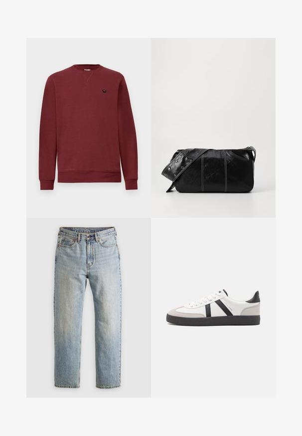 Burgundi színű pulóver kerek nyakkivágással, hosszú ujjal, bordás mandzsettával és szegéllyel. Bal mellen egy kis fekete logó látható.; Világoskék farmernadrág magas derékkal, elülső gombbal, cipzárral és öt zsebbel, sima háttérre fektetve.; Fehér sneaker fekete és szürke részletekkel, textúrált szürke orr résszel, fekete gumitalppal és lapos fehér fűzőkkel. Tiszta dizájn, minimalista stílus.; Fekete bőr válltáska, cipzárral zárva, texturált felülettel, fehér varrással és ezüst fémgyűrűs pánttal.