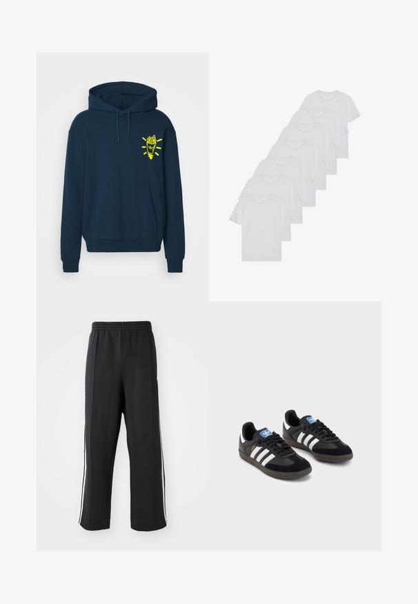 Felpa blu navy con tasca a canguro frontale, cappuccio con cordino e una grafica gialla di un contenitore di patatine con raggi sul lato sinistro del petto.; T-shirt bianchi in cotone, maniche corte, design a collo tondo, texture liscia, impilati in fila, con un sottile marchio all'altezza del collo.; Pantaloni da jogging neri con elastico in vita, dotati di strisce bianche sui lati e vestibilità comoda. Realizzati in tessuto morbido e elastico.; Sneakers neri con tomaia in suede e materiale sintetico, caratterizzati da tre strisce bianche, suola in gomma testurizzata e etichetta blu sul linguetta.