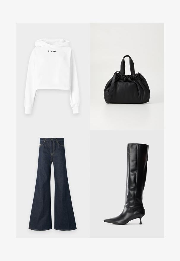 Fehér, rövidített kapucnis pulóver húzózsinóros kapucnival, elöl fekete "PINKO" felirattal. Sima anyagból készült, laza szabású.; Sötétkék, bővülő farmernadrág, magas derékkal, aranyvarrás kiemelésekkel, és két elülső zsebbel, gombos záródással.; Fekete bőr, térd fölé érő csizma hegyes orral és karcsú, ívelt sarokkal. Sima tapintás, testhez simuló kialakítás, és látható fémalkatrészek vagy minták nélkül.; Fekete bőr kézitáska, összegyűrt felső dizájnnal, két rövid fülekkel és egy hosszú, állítható pánttal. Simább textúra, lekerekített forma.