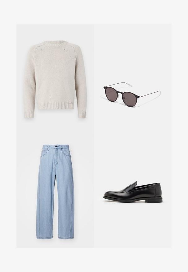 Licht beige gebreide trui met een ronde halslijn, lange mouwen en gescheurd detail op de voorkant en onderrand. Getextureerde ribgebreide manchetten.; Lichtblauwe denim jeans met een wijd model, voorzien van voorzakken, een knoopsluiting en gedetailleerde stiksels langs de naden.; Zwarte leren instappers met een gladde textuur, ronde neus en een decoratieve band over de wreef. Lage, gestapelde hak en minimalistisch ontwerp.; Zwarte ronde zonnebril met donkere lenzen en slanke metalen armen. Inclusief heldere tempelpunten en zilveren accenten bij de scharnier. Minimalistisch ontwerp.