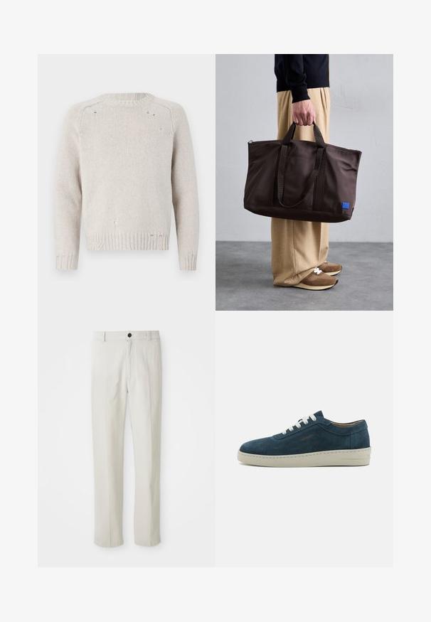 Maglione lavorato a maglia di un beige chiaro con scollo rotondo, maniche lunghe e dettagli strappati sulla parte anteriore e sull'orlo. Polsini a costine texturizzati.; Pantaloni beigi a gamba dritta con passanti per cintura, bottone frontale e chiusura con zip, esposti in piano su uno sfondo bianco.; Sneaker in suede blu con punta arrotondata, lacci bianchi e suola in gomma. Presenta cuciture sottili e un'accents branded sul lato.; Borsa a spalla in nylon marrone con doppio manico, chiusura con zip e patch logo blu. Texture liscia, design strutturato, interno spazioso.