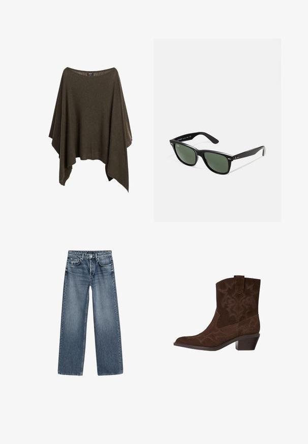 Poncho verde oliva realizzato in un tessuto morbido, con un ampio scollo, vestibilità ampia e orlo asimmetrico per una caduta rilassata.; T-shirt a maniche corte di colore verde scuro con costine, scollo rotondo e una fila di cinque bottoni sul davanti. Tessuto morbido e design minimale.; Jeans a vita alta e gamba larga in denim blu medio con un finish sbiadito, design a cinque tasche e chiusura con bottone in tonalità argento.; Stivale da cowboy in suede marrone con punta affusolata, motivi di cucitura decorativi, altezza alla caviglia e tacco impilato. Presenta un'etichetta per una facile indossatura.; Occhiali da sole in plastica nera con lenti verdi, montatura quadrata, dettaglio argento sulla parte superiore e steli con texture. Marchio indicato sulla parte interna dello stelo.
