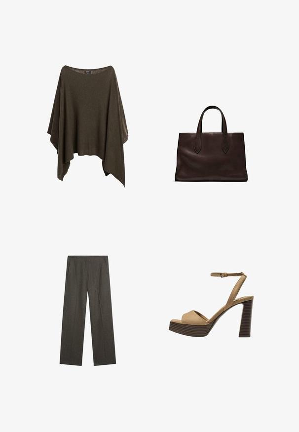 Olijfgroene poncho van zacht materiaal, met een brede halslijn, een losse fit en een asymmetrische zoom voor een ontspannen drape.; Donkergrijze, wijde broek gemaakt van een gestructureerde stof, met twee zijzakken en een nette frontplooi. Eenvoudig, passend ontwerp.; Beige suède hoge hakken sandalen met een brede voorband en enkelband, met een dikke houten blokhak met een gestructureerde afwerking.; Bruine leren tote bag met twee verlengde handvatten, gestructureerde rechthoekige vorm, gladde textuur en subtiele stiksels.