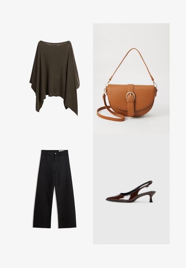 Olijfgroene poncho van zacht materiaal, met een brede halslijn, een losse fit en een asymmetrische zoom voor een ontspannen drape.; Zwarte denim broek met wijde pijpen en een hoge taille, voorzien van voor- en achterzakken, gestikte naden en een knoopsluiting. Gladde textuur.; Bruine gepatineerde leren slingback-schoen met een spitse neus en een gematigd hakje. Voorzien van een gespsluiting voor een veilige pasvorm. Glad van textuur.; Bruine leren schoudertas met een gebogen vorm, gouden hardware en een gespaccent. Bevat een afneembare schouderriem.