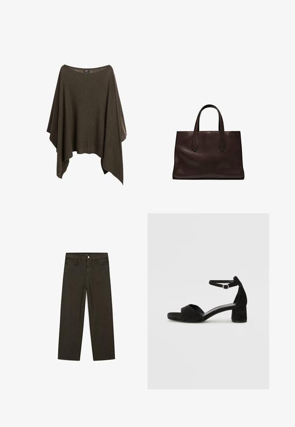 Olive green poncho made of soft fabric, featuring a wide neckline, loose fit, and asymmetrical hem for a relaxed drape.; Dark green wide-leg jeans made of cotton blend, featuring a front button closure, five pockets, and classic denim stitching.; Black suede heeled sandals with a thin ankle strap, open toe design, and a modest block heel. Smooth texture and minimal accents.; Brown leather tote bag with two elongated handles, structured rectangular shape, smooth texture, and subtle stitching details.