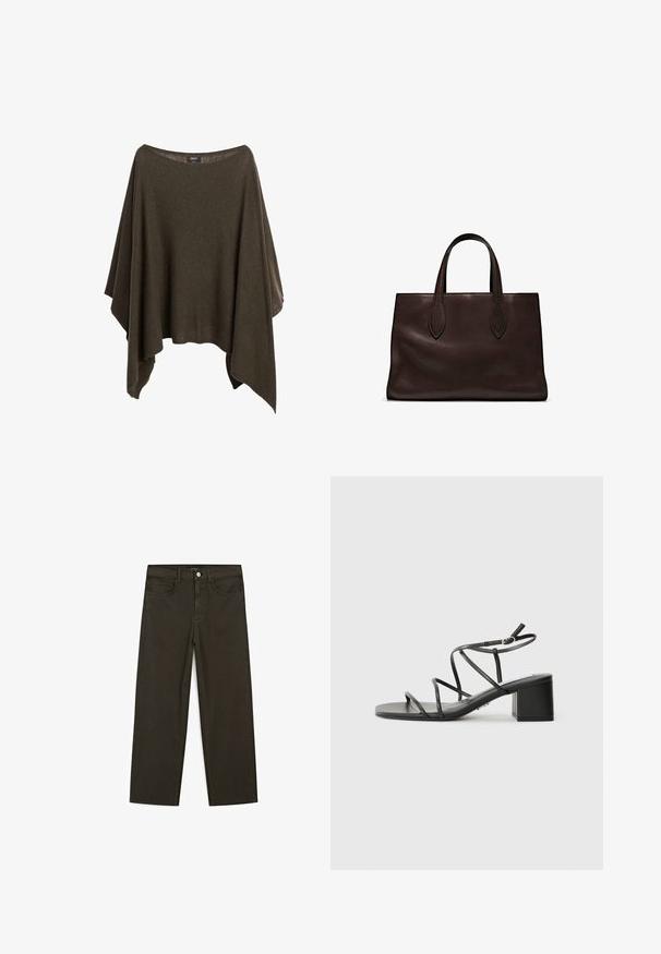 Olive green poncho made of soft fabric, featuring a wide neckline, loose fit, and asymmetrical hem for a relaxed drape.; Dark green wide-leg jeans made of cotton blend, featuring a front button closure, five pockets, and classic denim stitching.; Black strappy sandals with a square toe and a chunky heel, made of smooth material. Features adjustable ankle straps and minimal hardware.; Brown leather tote bag with two elongated handles, structured rectangular shape, smooth texture, and subtle stitching details.