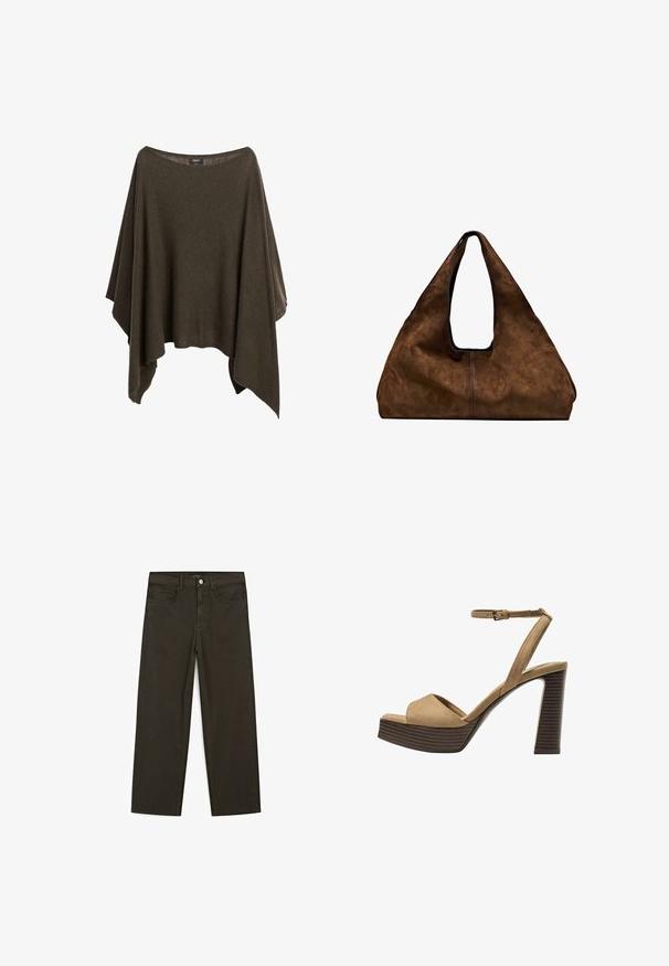 Olivově zelený pončo vyrobené z měkké látky, s širokým výstřihem, volným střihem a asymetrickým lemem pro uvolněný dojem.; Tmavě zelené široké džínsy vyrobené z bavlněné směsi, s předním zapínáním na knoflík, pěti kapsami a klasickým denimovým stehem.; Bežové semišové sandály na vysokém podpatku s širokým předním páskem a páskem kolem kotníku, s masivním dřevěným blokovým podpatkem s texturovaným povrchem.; Hnědá semišová taška přes rameno s otevřeným vrchem. Disponuje hlubokým a širokým tělem, vyřezávaným držadlem a minimálním prošíváním pro čistý design.