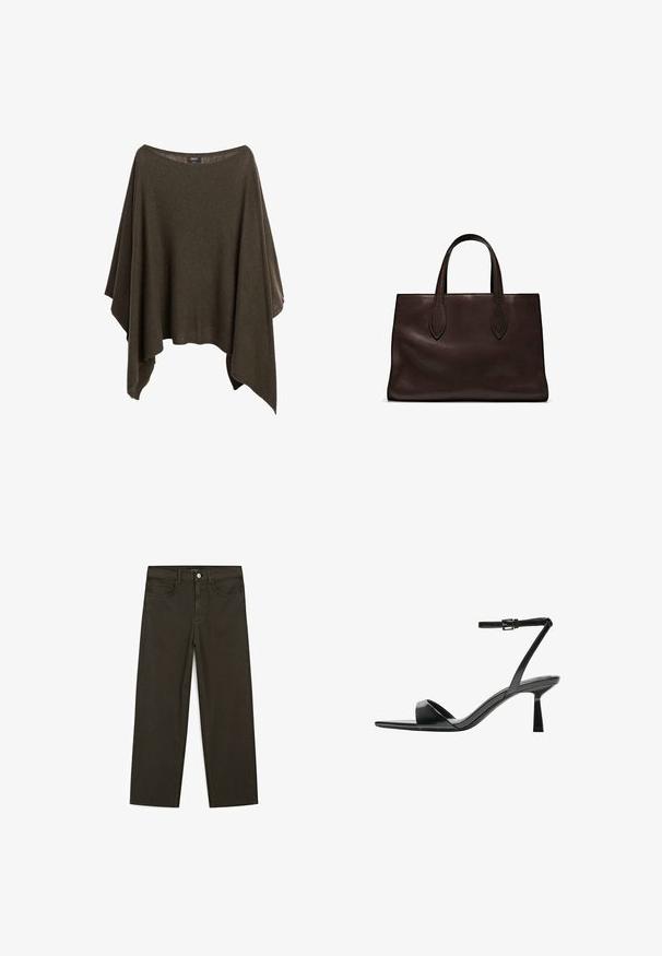 Olijfgroene poncho van zacht materiaal, met een brede halslijn, een losse fit en een asymmetrische zoom voor een ontspannen drape.; Donkergroene wijde jeans van een katoenmix, met een sluiting met een voorste knop, vijf zakken en klassieke denimstiksels.; Bershka Sandalen met hoge hak - black; Bruine leren tote bag met twee verlengde handvatten, gestructureerde rechthoekige vorm, gladde textuur en subtiele stiksels.