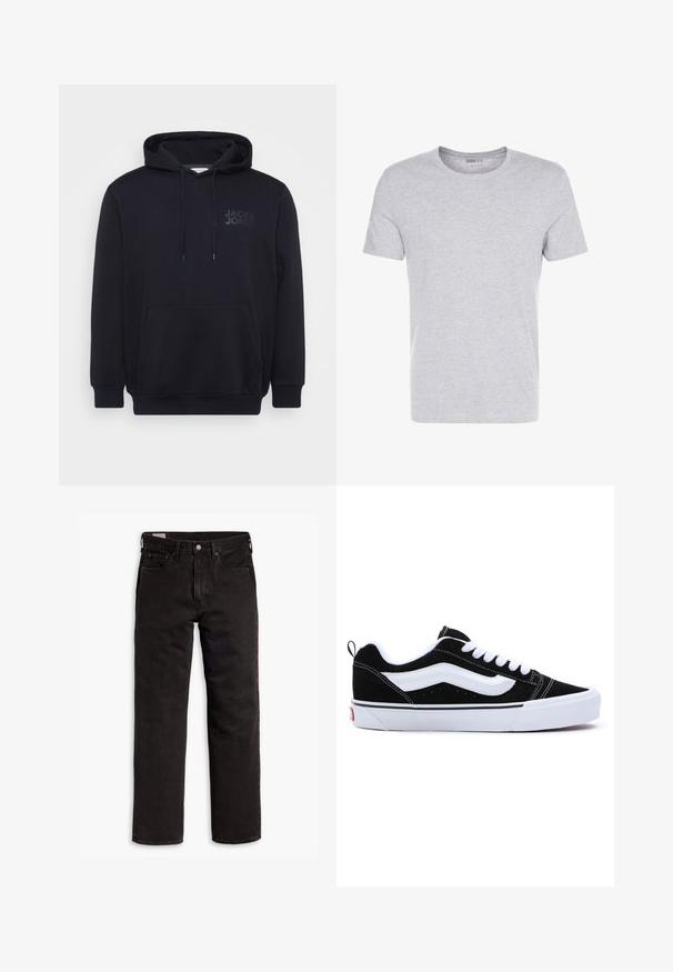 Crna dukserica od mješavine pamuka, s prednjim kengurskim džepom, kapuljačom s uzicom i suptilnim dizajnom loga na prsima.; Sivi pamučni majica s округłym izrezom, kratkim rukavima i jednostavnim dizajnom, s mekom, glatkom teksturom i bez vidljivih uzoraka ili ukrasa.; Crne traperice ravnog kroja s pet džepova, kopčom na dugme i petljama za pojas, položene ravno na bijeloj pozadini.; Crne nubuk tenisice s bijelim detaljima, s niskim dizajnom, zatvorenjem na vezanje i debelim bijelim gumom na potplatu. Branded logo na peti.