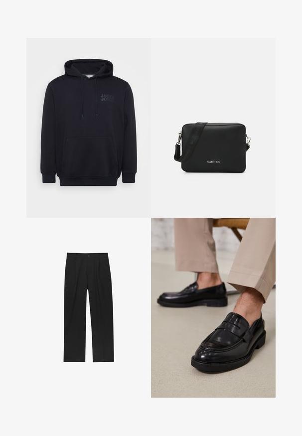 Hanorac negru dintr-un amestec de bumbac, cu o buzunar mare în față, glugă cu șnur și un design subtil al logo-ului pe piept.; Pantaloni negri cu un design drept, fabricați dintr-un material neted. Au plisse în față și un sistem de închidere cu un singur buton la talie.; Loafers negre din piele cu o finisare netedă, având o curea decorativă și cusături contrastante, asortați cu pantaloni bej.; Geantă crossbody rectangulară neagră, realizată din material texturat, cu un sistem de închidere din hardware argintiu și o curea ajustabilă cu brand.