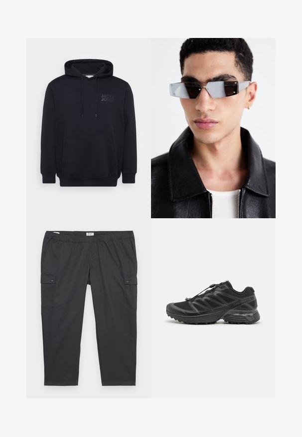 Black hoodie made of cotton blend, featuring a front kangaroo pocket, drawstring hood, and subtle logo design on the chest.; Black cargo pants with an elastic waistband, side pockets, and snap button accents. Made of lightweight, smooth fabric.; Black running shoe with mesh and synthetic upper, flexible outsole, and elastic laces. Features a cushioned midsole for comfort.; Angular gray-tinted sunglasses with silver hardware, set against a light background. The lenses feature a unique geometric shape.