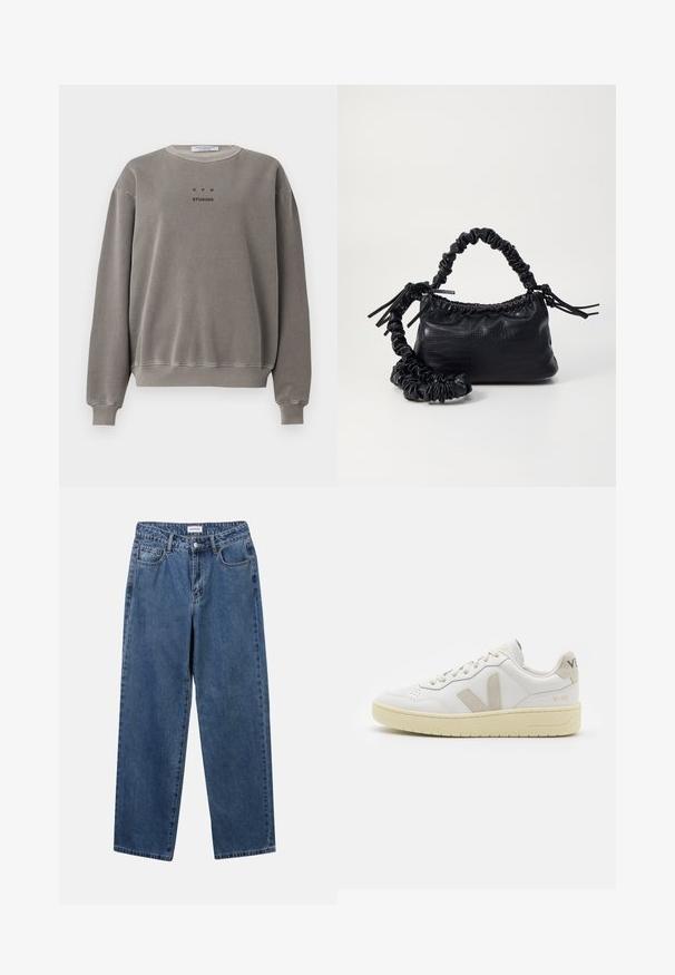 Sivi pamučni dukserica s okruglim izrezom, dugim rukavima, rebrastim manžetama i donjim rubom, s natpisom "CPH STUDIOS" otisnutim sprijeda. Glatka tekstura.; Klasične plave traperice s ravnim nogavicama, pet džepova i dugmadom za zatvaranje. Imaju srednje pranje i čvrstu teksturu.; Bijele kožne tenisice s bež nubuk naglascima, perforiranim prednjim dijelom, ravnim čipkama i teksturiranom kremastom potplatom. Sadrži suptilni brend na pete.; Crna torba od umjetne kože s teksturom krokodila, s cinčanim vrhom i naboranom trakom. Izgleda mekano i kompaktno u dizajnu.