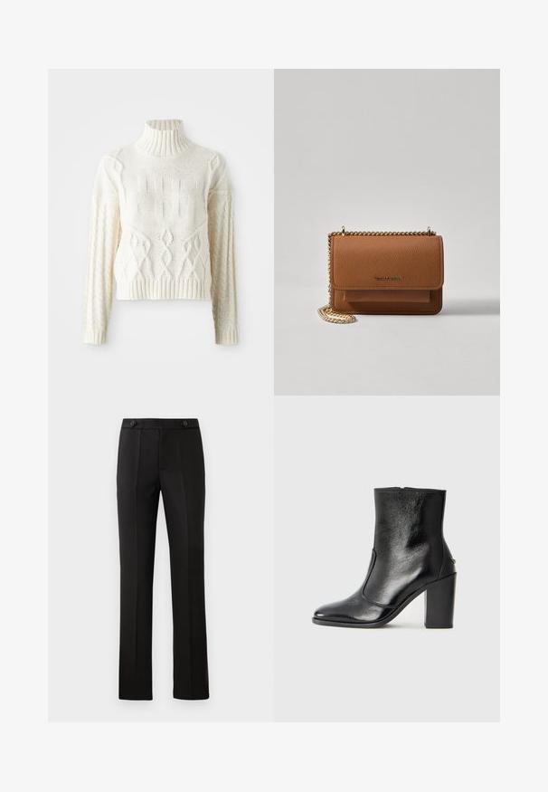 Gebreide crèmekleurige trui met een hoge geribbelde kraag, voorzien van textuurpatronen en kabelbrei-details op de mouwen en het lichaam. Korte, aansluitende stijl.; Zwarte op maat gemaakte broek met een rechte pijp, twee voorzakken, een knoopsluiting en plooien aan de voorkant. Glad textuur van de stof.; Zwarte leren enkelboot met een gladde textuur, spitse neus en een gedurfde hoge hak. Beschikt over een zijopening en een minimalistisch ontwerp.; Bruine lederen schoudertas met textuur, voorzien van een gouden kettingstrap en klepsluiting. De voorkant heeft een logo-detail en een zak onder de klep.