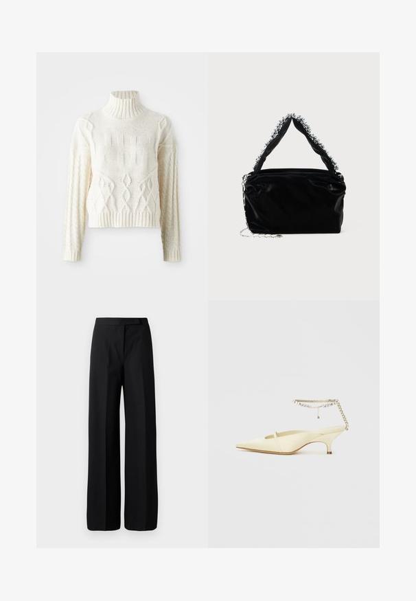 Kötött krém színű pulóver magas bordás nyakkal, texturált mintázatokkal és zsinórmintás részletekkel a ujjain és a testen. Rövid, testhez álló fazon.; Széles szárú fekete nadrág sima, matt textúrával. Lapos derékpánt, amelyen nincs látható fémrész vagy mintázat. Egyszerű és elegáns dizájn.; Hegyes orrú sárga szatén slingback cipő alacsony sarokkal és díszített láncos bokapánttal, amelyen cirkónia kövek találhatók. Simább textúra, minimalista design.; Fekete műbőr kézitáska texturált felülettel, amelyen gyöngyökkel díszített ezüstszínű kiegészítő található a felső fogantyún, valamint láncos pánt.