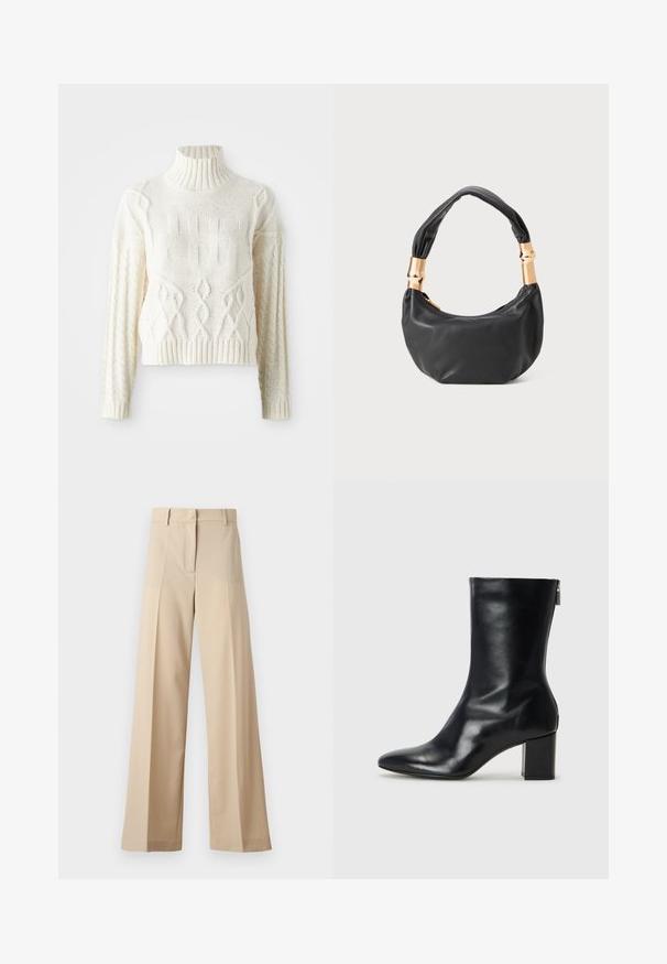 Knitted cream sweater with a high ribbed collar, featuring textured patterns and cable knit detailing on the sleeves and body. Short, fitted style.; Beige wide-leg trousers made of smooth fabric, featuring a flat front with pleats, a zip fly, and belt loops. Tailored fit overall.; Black leather ankle boot with a pointed toe and 4 cm block heel. Sleek design features a side zipper for easy wear. Smooth texture.; Black leather handbag with a round shape, soft texture, and a knotted handle featuring gold-tone hardware accents. Zipper closure.