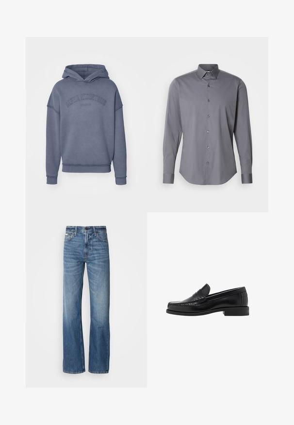 Mikina s kapucňou v tlmenom modrom odtieni, vyrobená z mäkkej tkaniny, s vyšitým logom "Alpha Industries" na hrudi a rebrovanými manžetami a spodným lemom.; Sivá košeľa s dlhým rukávom na gombíky, vyrobená z hladkej bavlny. Obsahuje klasický golier a zaoblený lem s šiestimi tmavými gombíkmi pozdĺž prednej časti.; Modré džíny z denimoviny so strihaním rovného nohavice, vysokým pásom a jemným vyblednutím. Obsahujú zapínanie na gombík a zips a klasický dizajn s piatimi vreckami.; Čierne kožené loafers s hladkým povrchom, prešívané detaily na špičke a nízky dizajn podpätku pre pohodlie a štýl.