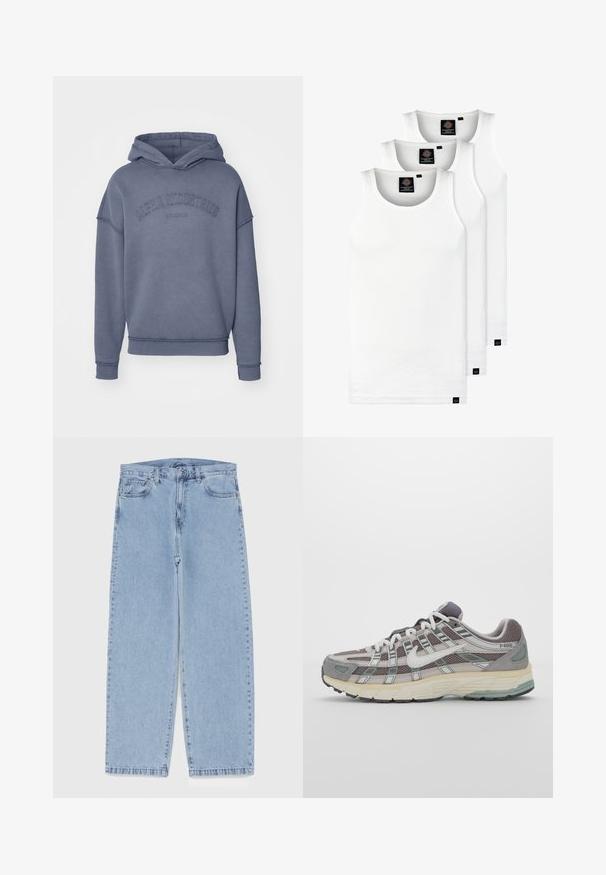 Kapütsiga sviiter pehmes sinises toonis, valmistatud pehmest kangast, millel on rinnal tikanditud "Alpha Industries" logo ning soonikud varrukatel ja alläärmel.; Kolm valget ribaga t-särki, mis on valmistatud puuvillast. Omavad ümmargust kaelanõhku ja väikseid musti silte hemme lähedal. Saadaval erinevates suurustes.; Heled sinise denimi sirgete põlvede lõikega teksad, millel on keskmise kõrgusega vöökoht, viis taskut ning nööbid ja tõmblukk.; Hallus hallitus jalanõud, millel on võrgust ja sametist ülemine osa, valged rõhutused, pehme tald ning eristuv disain peegelduvate elementidega.