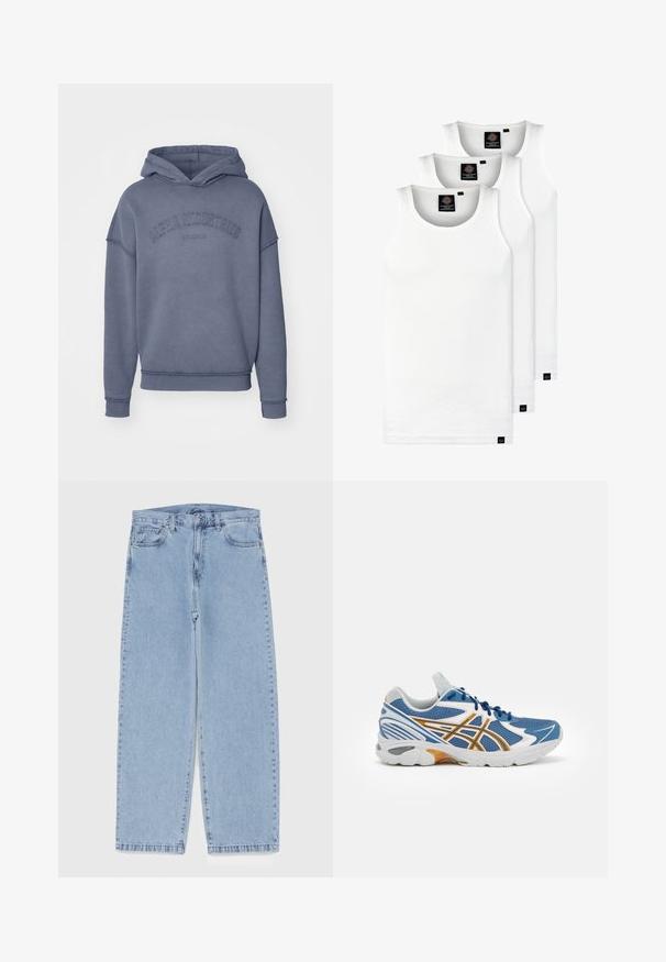 Felpa con cappuccio di un blu tenue, realizzata in tessuto morbido, con logo ricamato "Alpha Industries" sul petto e polsini e orlo a coste.; Tre canotte bianche a coste in cotone. Presentano un colletto rotondo e piccole etichette nere vicino all'orlo. Disponibile in diverse taglie.; Jeans in denim azzurro chiaro con design a gamba dritta, caratterizzati da una vita media, cinque tasche e chiusura con bottone e zip.; Scarpa sportiva blu con tomaia in rete, dettagli bianchi e arancioni, intersuola ammortizzata e suola in gomma testurizzata. Presenta un design con lacci.