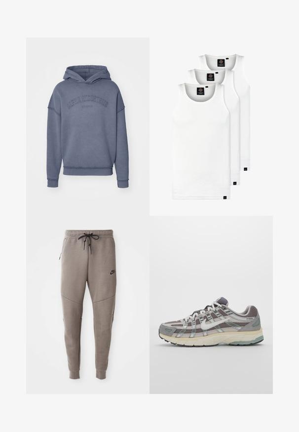 Kapuzensweatshirt in gedämpftem Blau, aus weichem Stoff, mit gesticktem "Alpha Industries"-Logo auf der Brust sowie gerippten Bündchen und Saum.; Drei weiße, gerippte Tanktops aus Baumwolle. Merkmale einen Rundhalsausschnitt und kleine schwarze Etiketten am Saum. In mehreren Größen erhältlich.; Graue Nike-Sweatpants mit einem Kordelzugbund, schmal zulaufenden Beinen, seitlichen Taschen und auffälliger Nahtgestaltung. Weicher, strukturiert Stoff.; Grauer Sportschuh mit einem Obermaterial aus Mesh und Wildleder, weißen Akzenten, einer gepolsterten Sohle und einem charakteristischen Design mit reflektierenden Elementen.