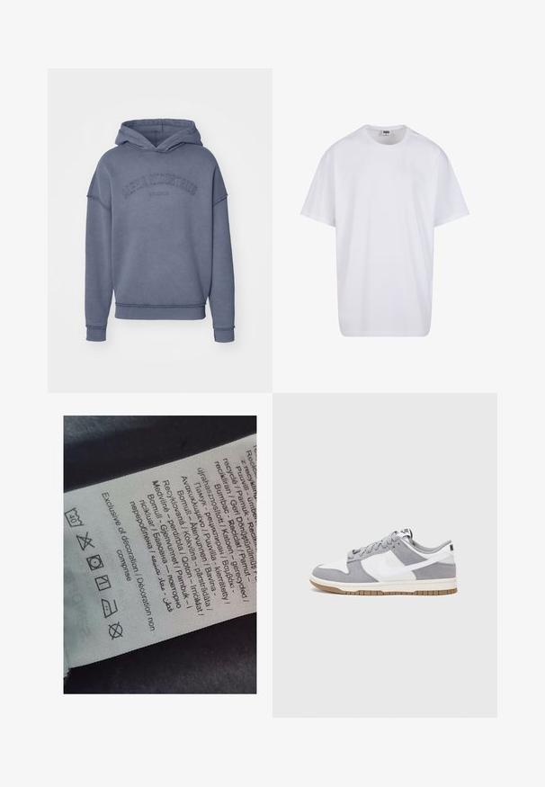 Kapucnis pulóver tompított kék színben, puha anyagból készült, hímzett "Alpha Industries" logóval a mellkason, bordás mandzsettával és aljjal.; Fehér pamut póló rövid ujjal, kerek nyakú, laza szabású, és nincsenek látható logók vagy minták. Simább textúra és minimalista dizájn.; Címke többnyelvű szöveggel, ápolási szimbólumokkal és újrahasznosítási ikonokkal, puha szövethez hasonló anyagra nyomtatva, világos színben.; Szürke és fehér sportcipő, velúr és bőr felsőrésszel, kerek orral, lapos fűzőkkel és gumitalppal, amelyen rágógumi színű díszítés található.