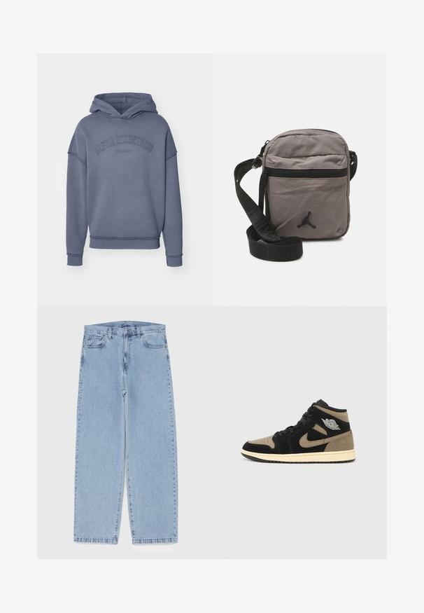 Huppari haalistuneessa sinisessä, valmistettu pehmeästä kankaasta, jossa on brodeeratettu "Alpha Industries" -logo rinnassa ja ribbikudotut hihansuut ja helma.; Vaaleansiniset farkut suoran lahkeen muotoilulla, joissa on puolivälin vyötärö, viisi taskua sekä nappi- ja vetoketjusuljenta.; Nilkkapituiset tennarit, joissa mustaa ja luonnonsävyistä mokkaa, rei'itetty varvasosa, beige välipohja, mustat nauhat ja hopeanvärinen logo sivussa.; Harmaa nailoninen olkalaukku, jossa on vetoketjullinen etutasku, säädettävä musta hihna ja musta logokoriste edessä. Kompaktin ja kevyen muotoilun omaava.; Laivastonsininen reppu, jossa on punaisia korosteita, useita vetoketjullisia osastoja, logo-patchit ja säädettävät hihnat. Valmistettu kestävästä kankaasta.