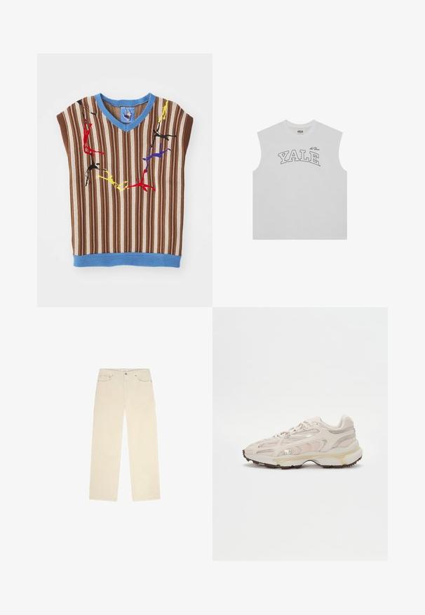 Austintas didelis rudos ir smėlio spalvos dryžuotas nertinis viršus su mėlynu apykakle, dekoruotas spalvingais, abstrakčiais figūromis, išsiuvinėtomis per visą priekinę dalį.; Balta be rankovių marškinėliai, pagaminti iš medvilnės, su juodu lenktu tekstu "YALE" ir apvaliu kaklu. Paprastas dizainas be raštų.; Šviesiai rudos štrichinės kelnės su tiesiu pjūviu, turinčios du priekiniai kišeniai ir subtilią štrichuotą tekstūrą. Įkomponuoti metaliniai akcentai.; Šviesiai smėlio spalvos sportiniai bateliai su tinkliniu viršumi, tekstūruotais akcentais ir auksinėmis detalėmis. Yra storas baltas vidurinis padas ir guminis padas.